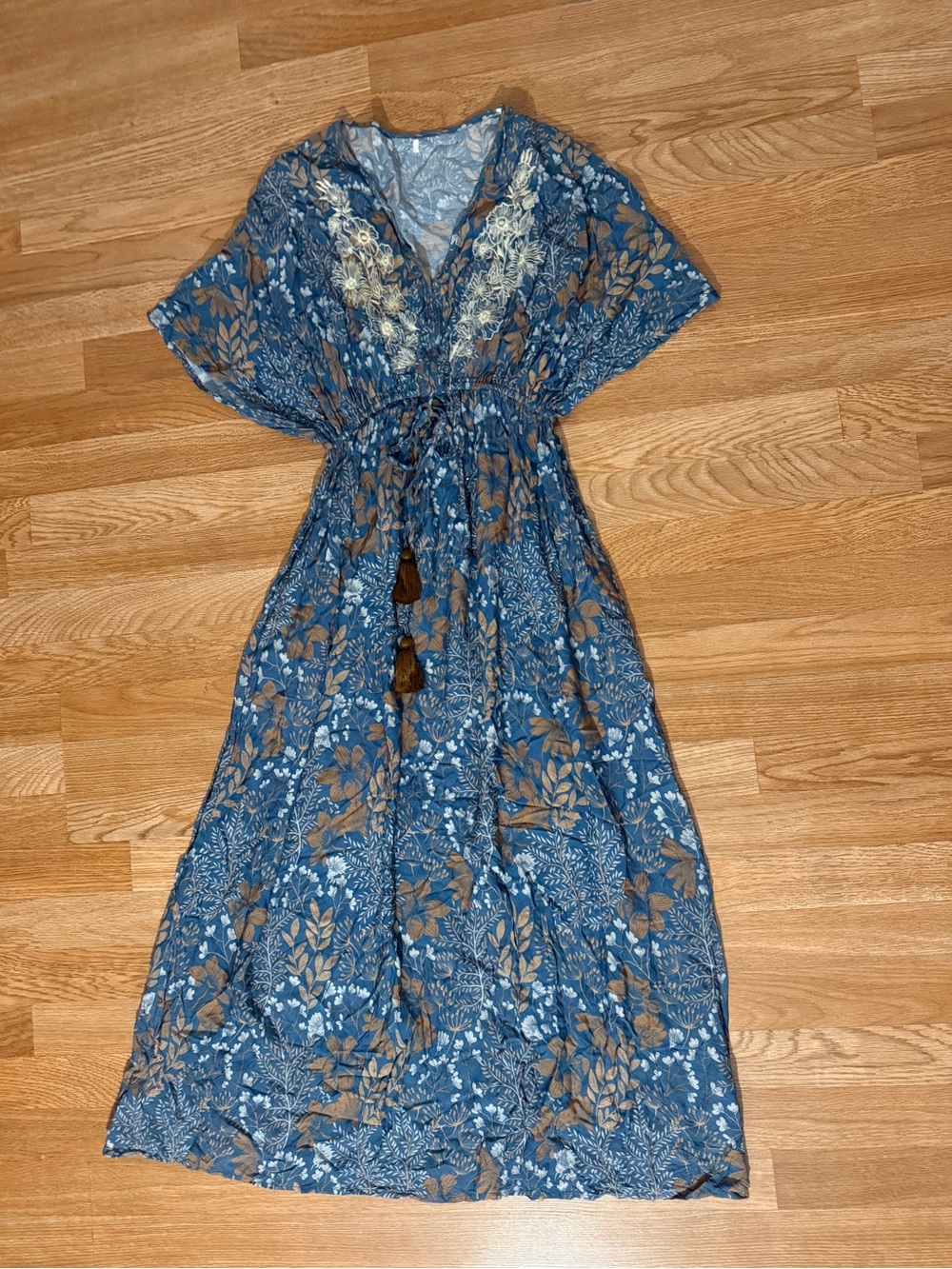 World Market Mira Blue and Brown Floral Embroidered Kaftan Dress
